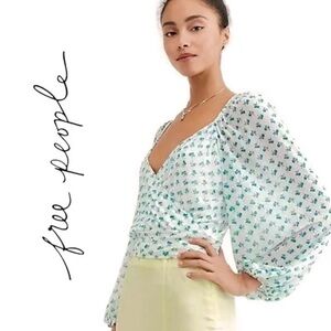 Free People white w green Sweetie Pie Blouse S